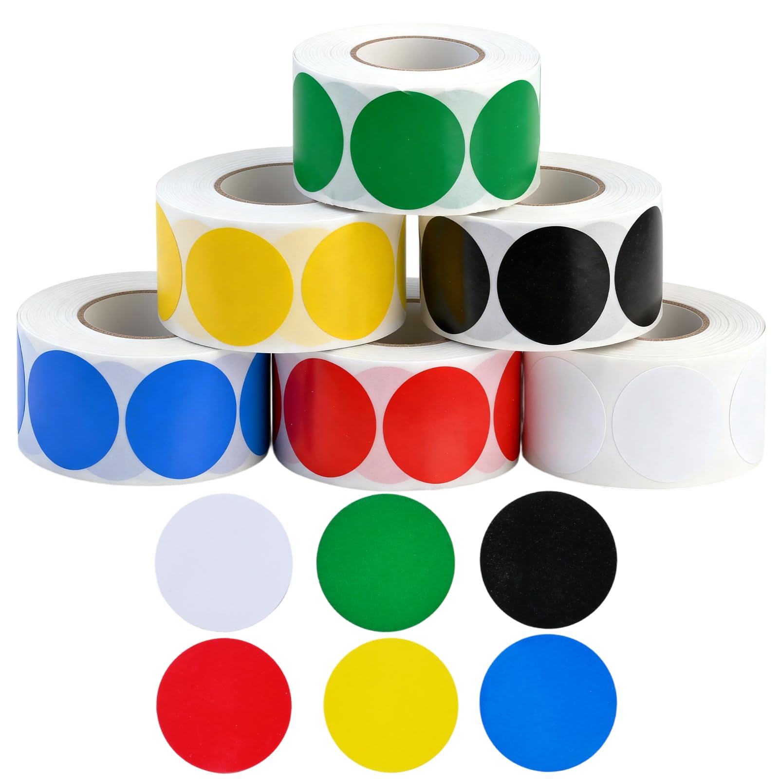 Dot Stickers 4 Rolls Coloured Dot Stickers Coloured Dots Waterproof and Removable Copper Plate Paper Coding 500 Pieces per Roll (Red, Yellow, Blue, Green, Black, White)