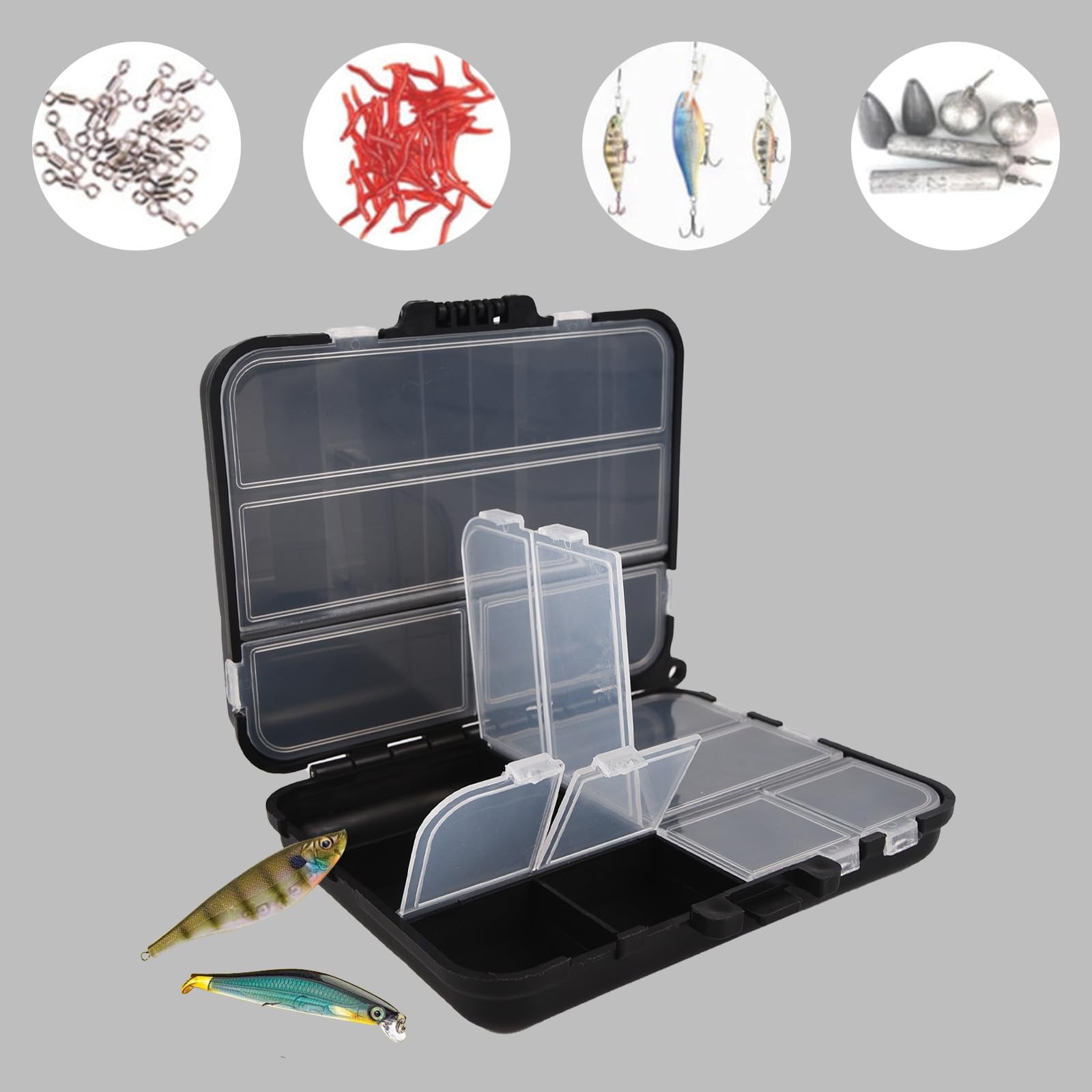Cajas de aparejos de pesca de doble capa, 16 compartimentos, contenedor de aparejos de pesca, señuelos de pesca, caja de accesorios para flotadores, aparejos, señuelos y otros equipos