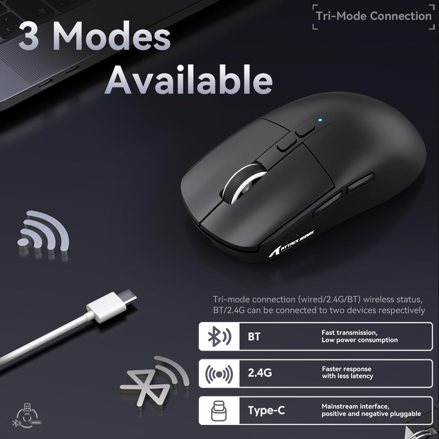 ATTACK SHARK Mouse SUPERLEGGERO X6 49g con Dock di Ricarica Magnetico, Sensore da Gioco PixArt PAW3395, Mouse da Gioco Wireless/Cablato BT/2.4G, 26000 DPI, Mouse da Ufficio Aggiornato X3 (Nero)