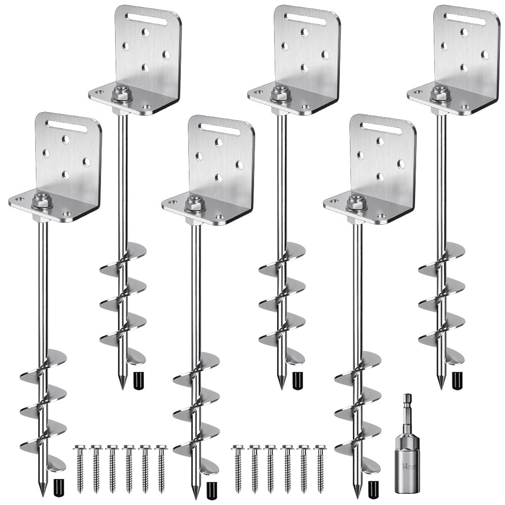 Insaga 24'' Ground Anchors Screw in Heavy Duty Earth Anchor 10mm Solid Steel with L Bracket for Trampoline Mobile Home Swing Set Shed Carport Tent Stakes, 2" Helix Blade & Chrome Plated Finish, 6Pcs