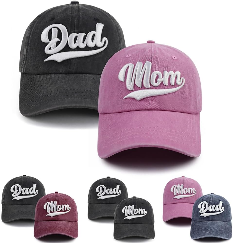 2PCS Mom and Dad Hat,3D Embroidered Adjustable Cotton Baseball Caps Gift for Couples Parents