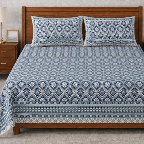 Image of elanorhomes 100% Cotton King Size Bedsheet, 240 TC Soft Breathable Bed Sheet with 2 Pillow Covers, Hand Printed Cotton Bedsheet for Double Bed, Machine Washable, 90x108 inch (Neeli Jaali)