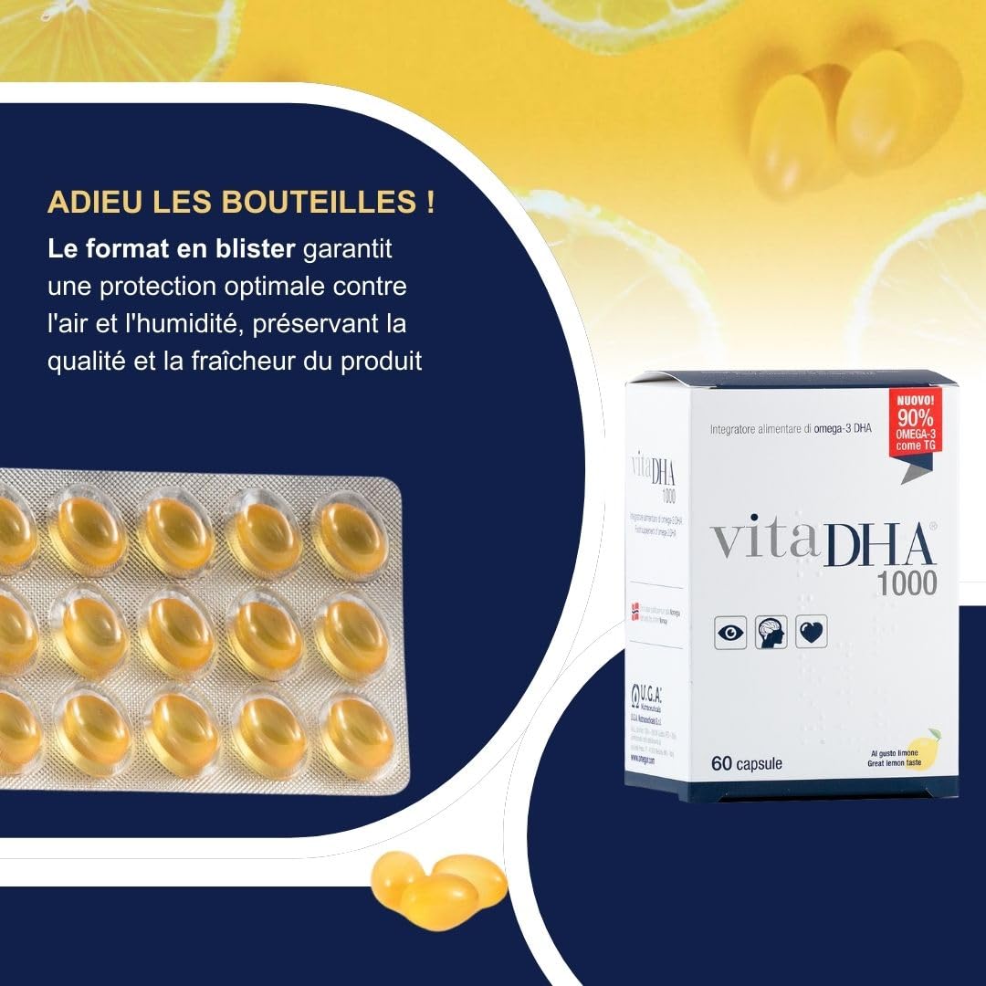 VitaDHA 1000 – Omega -3 Supplément alimentaire DHA - précieux pendant la grossesse et l'allaitement - alliée pour la santé du cerveau, cœur et vision - Saveur de citron - 60 gélules