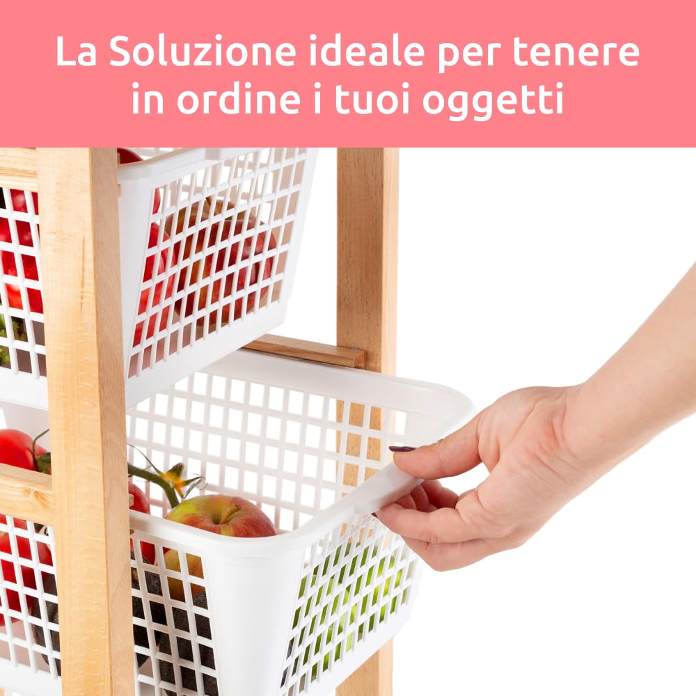 Compactor Carrello con Ruote Portatutto in Faggio con Cesti in Plastica – Carrello Cucina Mobile Salvaspazio 30x44x88 cm