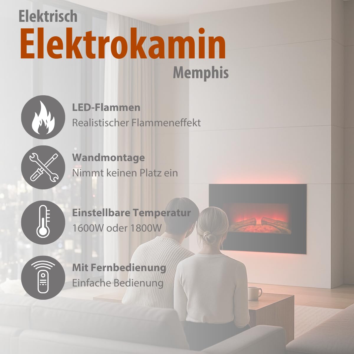 Memphis Elektrokamin mit Heizung - Elektroheizung 1800W - Kaminofen mit Fernbedienung und Timer - Elektroherd mit LED-Flammen - Wandmontage - Schwarz
