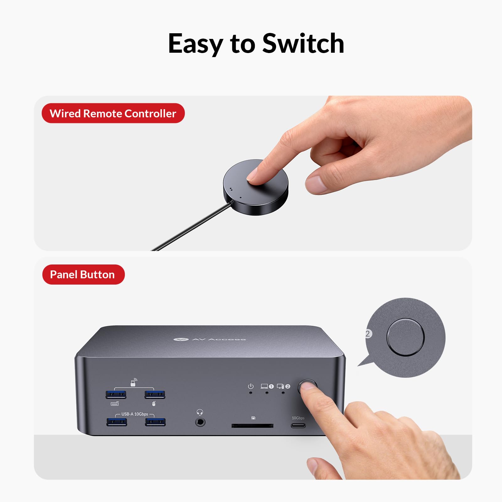 AV Access 8K KVM Switch 3 Monitors 2 Computers, Laptop + Desktop KVM Docking Station, 100W PD, GbE, 2xUSB 3.2 10Gbps USB C Hub, SD Reader & Remote Switcher for HP, Dell, Chromebook, PC, and More