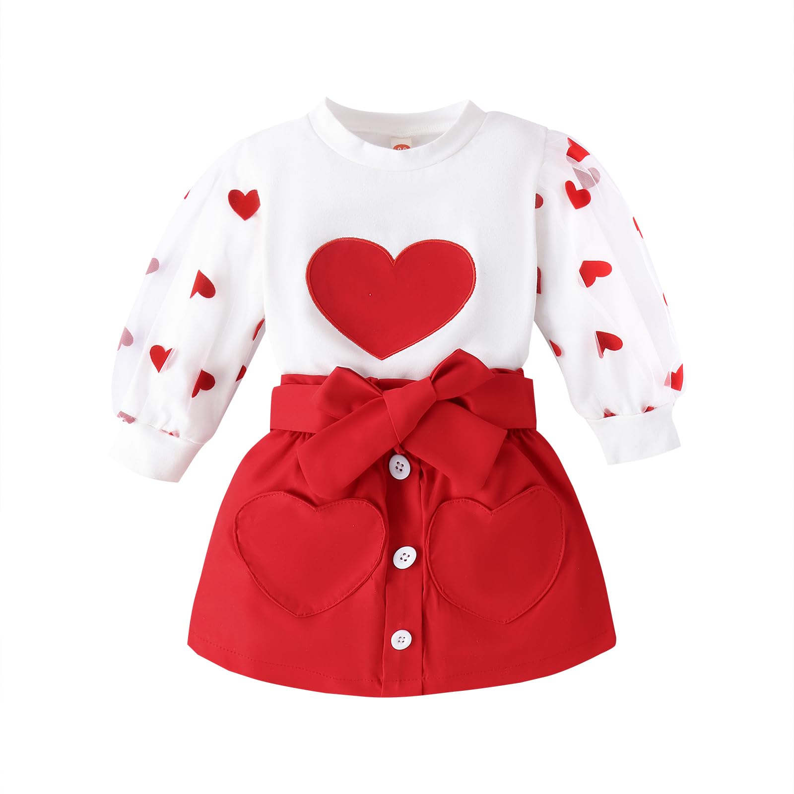 Noubeau Toddler Baby Girl Valentine's Day Outfits Lace Long Sleeve Heart Sweatshirt Red Skirt Set Kids Spring Clothes