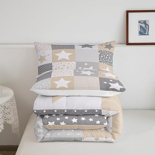 Miniatura 5 de Juego de edredón con patrón de estrellas marrón y gris, tamaño Queen, juego de ropa de cama de cielo estrellado de ensueño para niños y niñas,