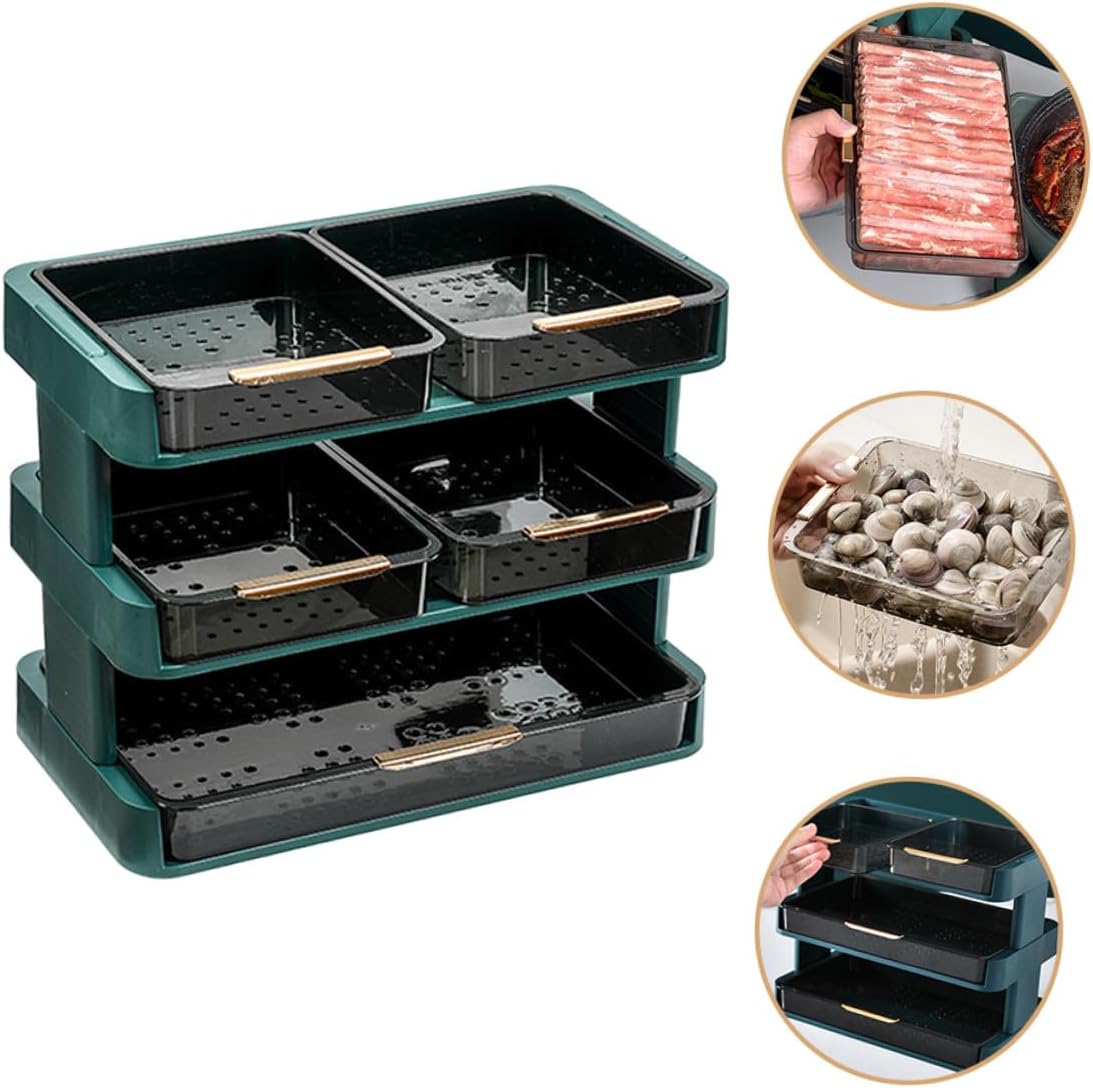 Three-Layer Kitchen Storage Stand Vegetable Tray Holder with Drainage Rack, Detachable Multi-Layers Condiment Organizer for Hot Pot and Food Serving, Green