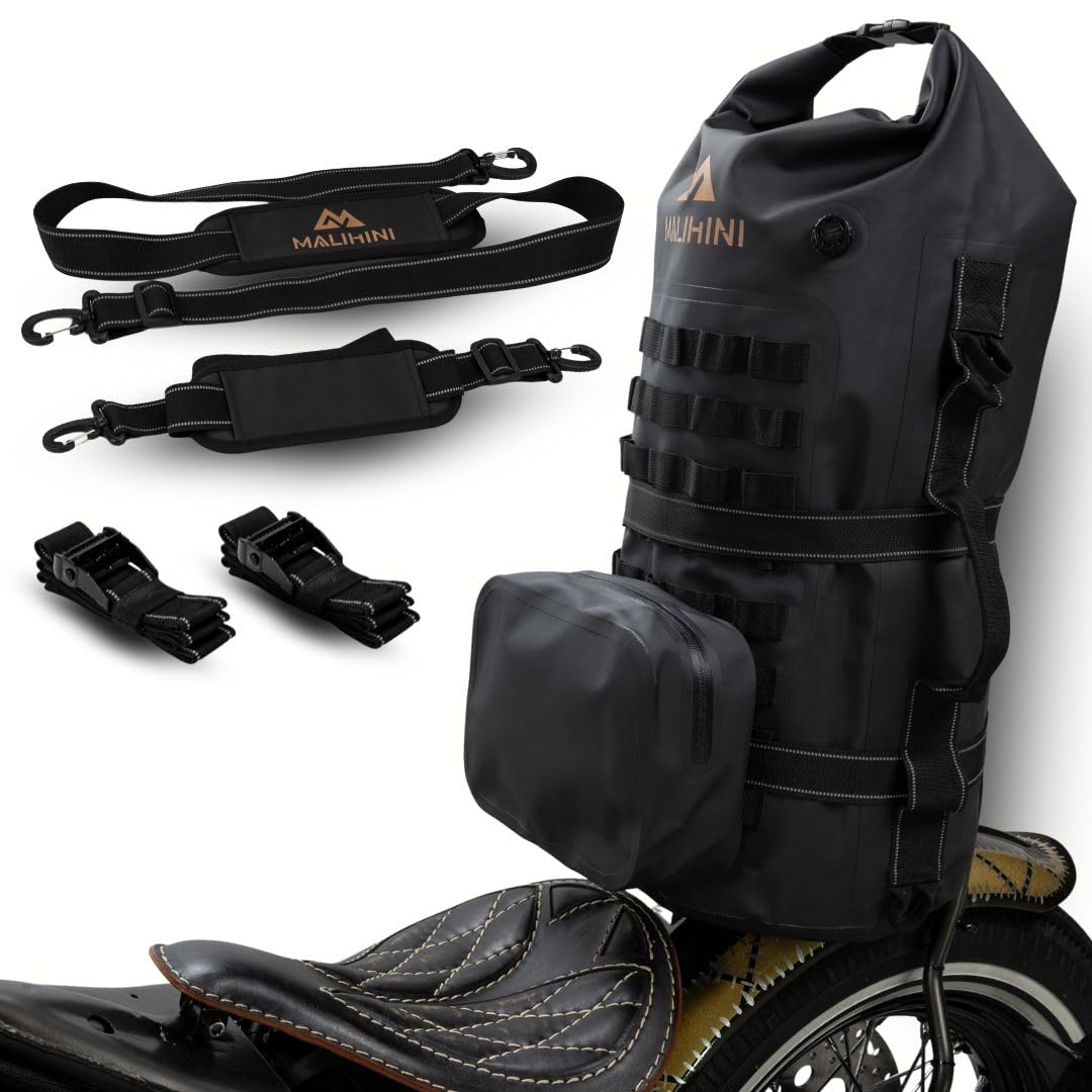 MALIHINI Borsa da moto per sissybar e portapacchi [schienale + MOLLE] 50 l, Dry Bag impermeabile per motociclisti | Sacca e come zaino | Campeggio e borsa da viaggio Bikepacking