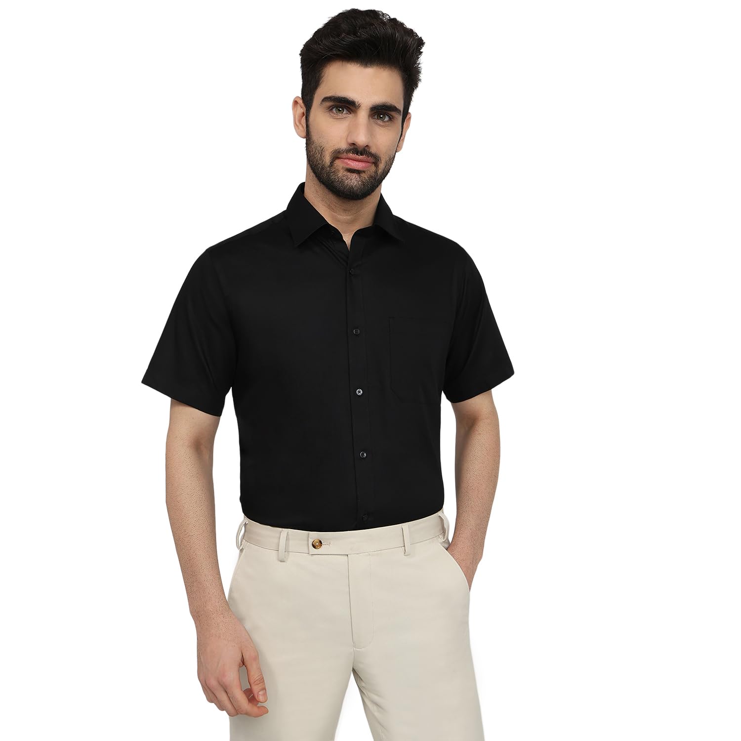 Men Contemporary Fit Solid Pattern Pure Cotton Semi Cutaway Collar Half Sleeve Formal Shirt-image-26