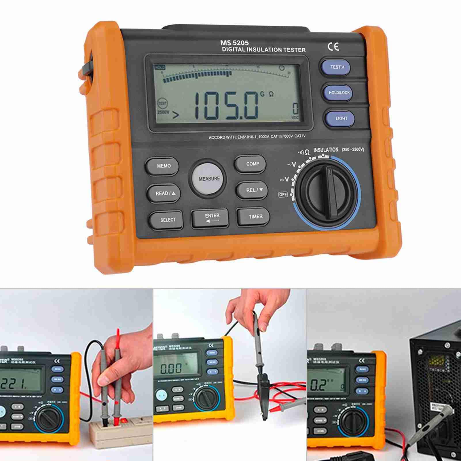 PM5203 Probador de aislamiento digital 0.01MΩ-100GΩ 2500V, probador de resistencia digital, multímetro de resistencia, con pantalla de retroiluminación y apagado automático, cálculo automático de PI y