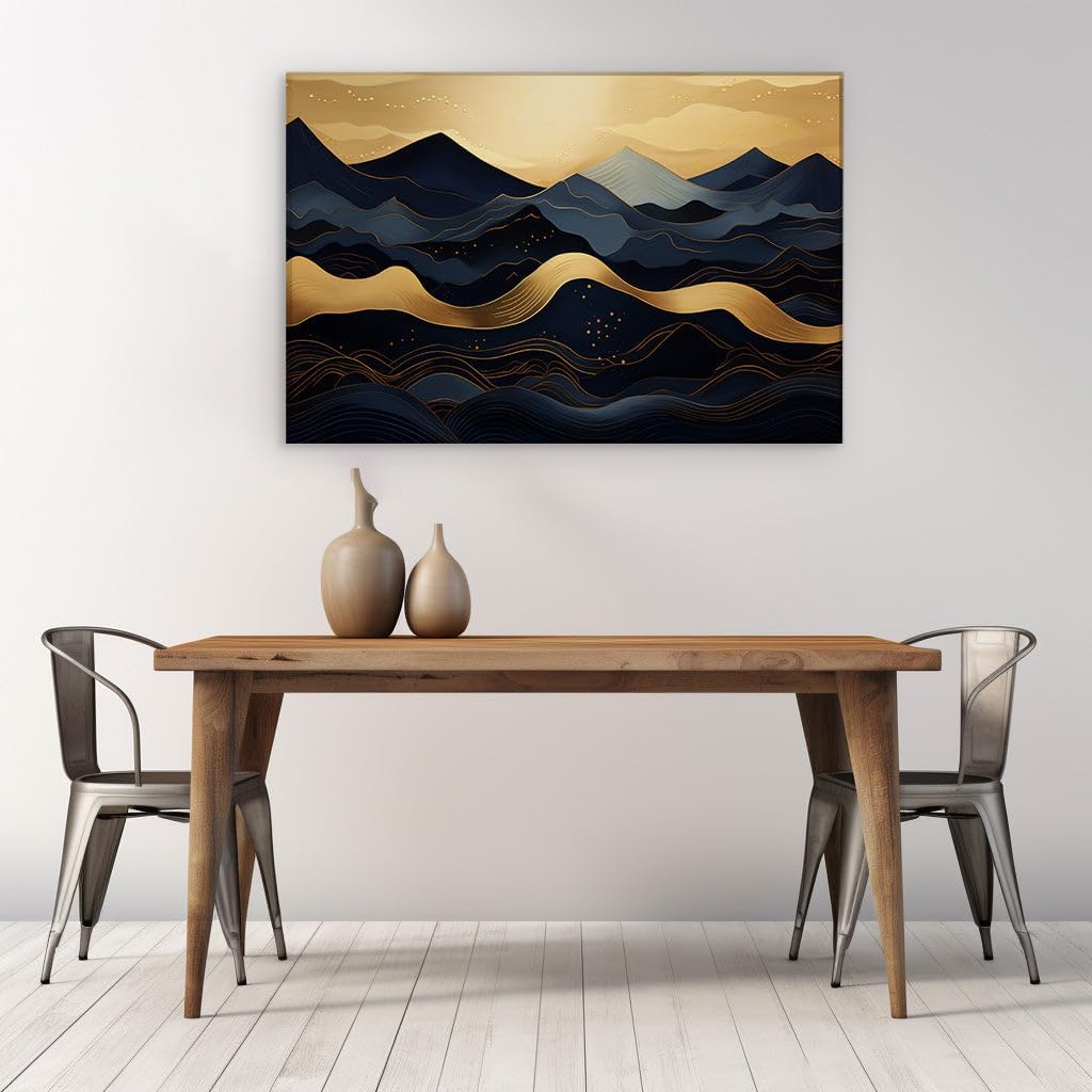 Canvas for Living room. Golden Serenity Amongst Digital Peaks: A Vision in Blue and Gold, 27 x 18 inch Canvas Wall Art - Contemporary Masterpieces - Modern Home Decor - 69x46 cm (27x18 inch)