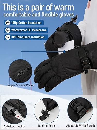 Miniatura 4 de FIORETTO Guantes de esquí impermeables para nieve, esquí, invierno, cálidos, snowboard, Thinsulate, térmicos, transpirables, guantes de snowboard