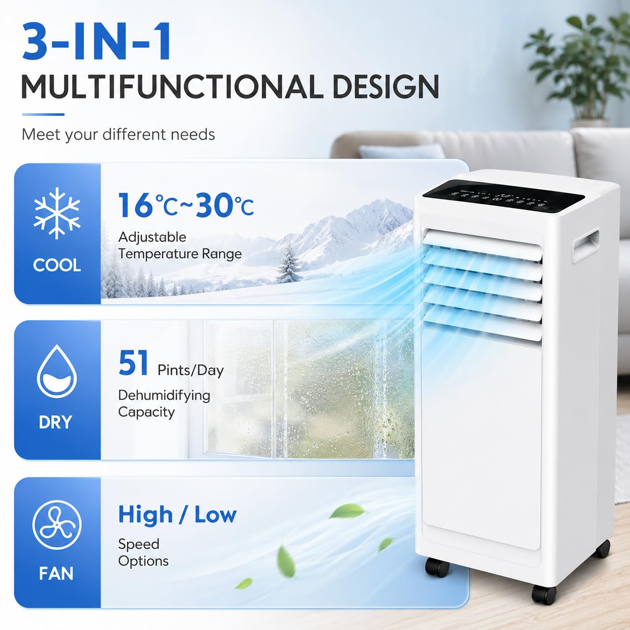 Klimatyzator Przenośny 9000 BTU 1000 W, Klimatyzacja Mobilna z Rurą Odprowadzającą, 2 Prędkości, Wyświetlacz Cyfrowy, Pilot, do Sypialni, Gabinetu i Małych Pomieszczeń, na co dzień