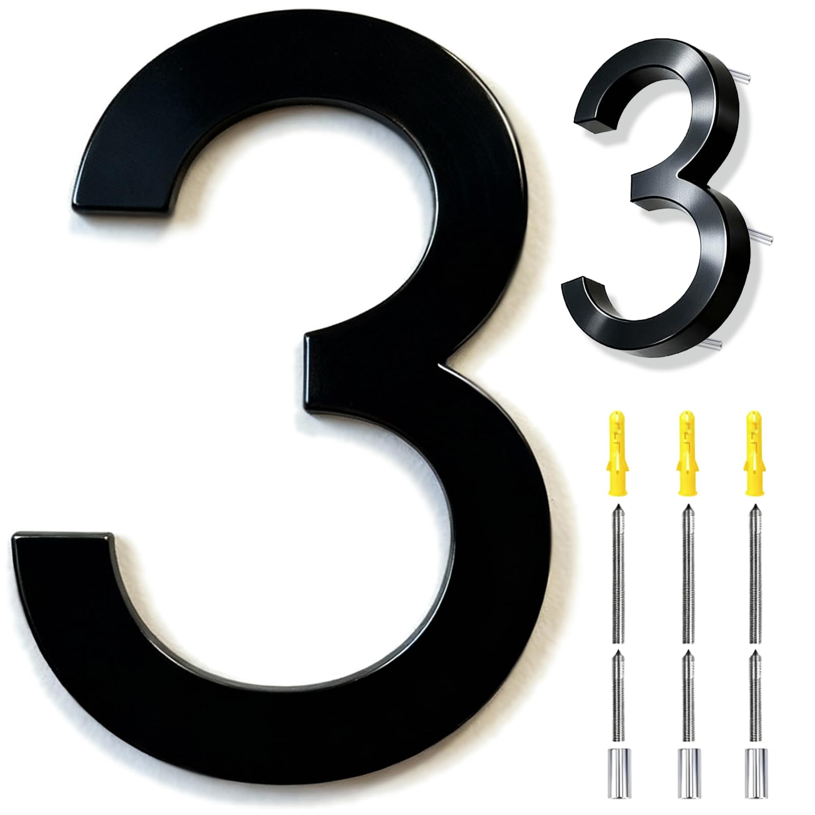 6 Inch House Numbers Black, 3D Floating Stainless Steel Address Door Number 6" with Nails Kit & Template, Zinc Alloy, Waterproof, Rust-resistant, Non-fading, for Home, Garage Gate, Street (3)