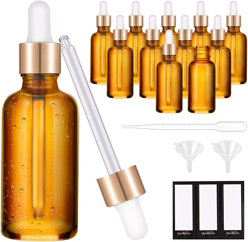 PrettyCare Glass Eye Dropper Bottles 2oz (60ml), 12 Pcs Amber Empty Thick Bottles Bulk with Leakproof Golden Caps - With Labels & Funnels for for Storage, Travel,Essential Oils, DIY Serums, Tincture