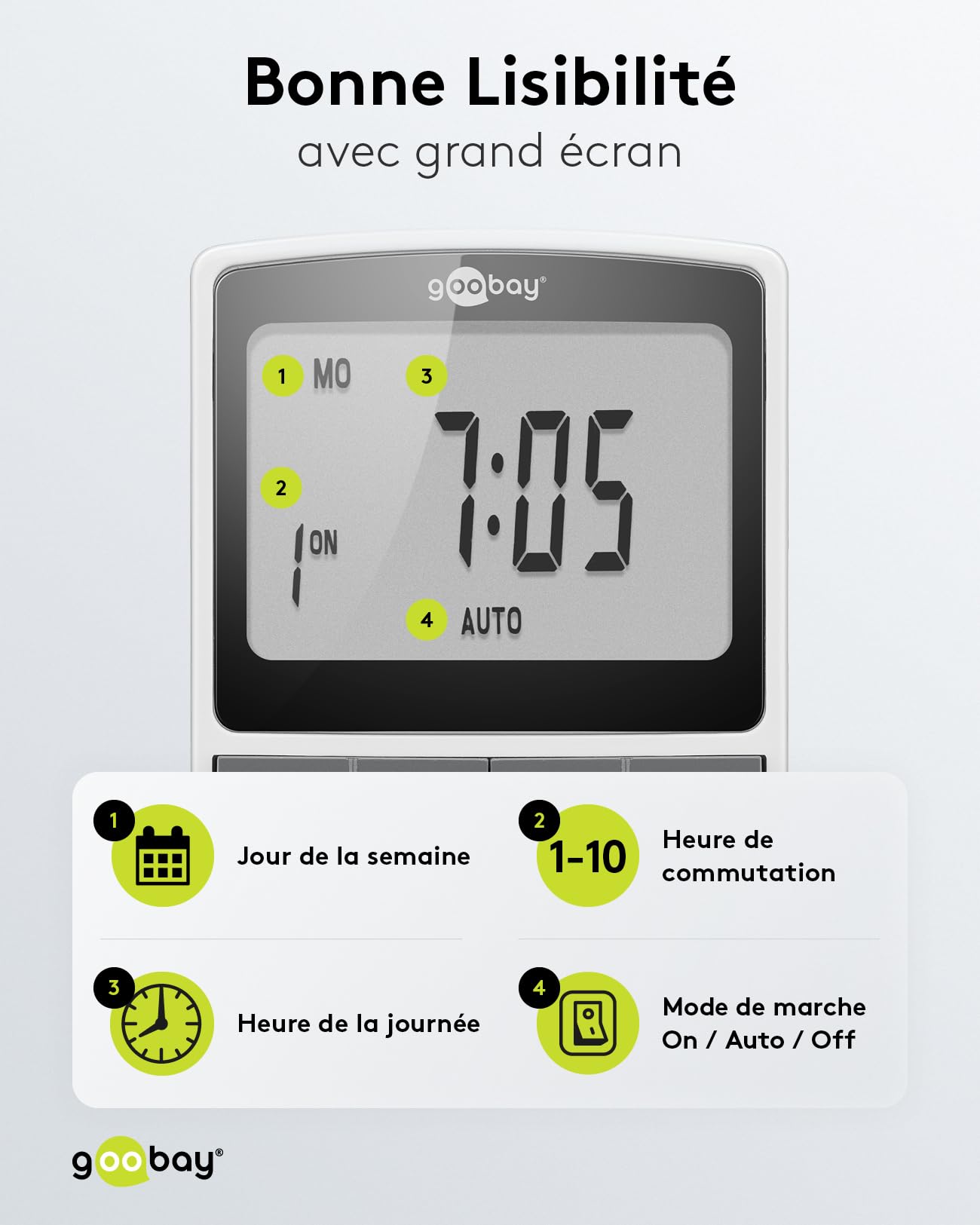 goobay - Lot de 4 minuteries numériques avec 16 programmes - Prise avec Mode aléatoire pour Protection Anti-effraction - Minuterie avec Batterie de Secours de 100 Jours - 3680 W - 230 V (AC) - 16 A -