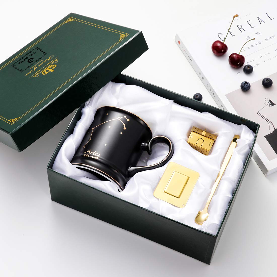 TILANY Ceramic Coffee Mug With Constellation Design - Black Tea Mugs With Golden Spoon & Tea Infuser - Large Porcelain Cup - Coffee Pottery Cup With Zodiac Sign - 13.5 oz Cup Gift Set (Aries)
