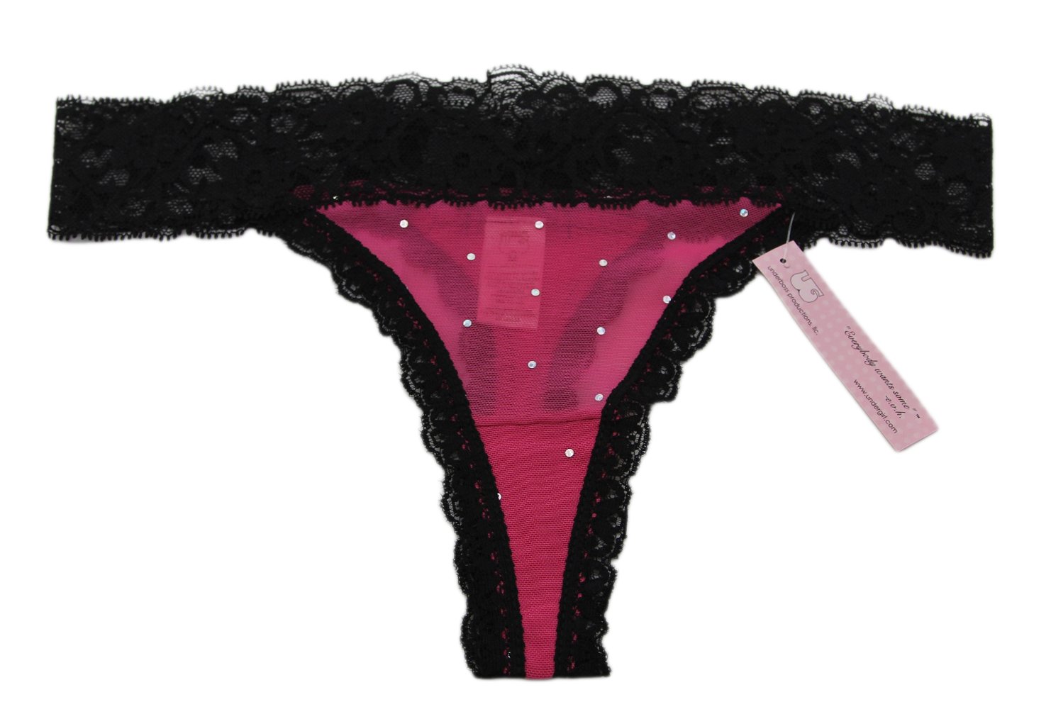 UndergirlWomen's Pink/Black Sheer Rhinestone Thick Lace Thong Panties