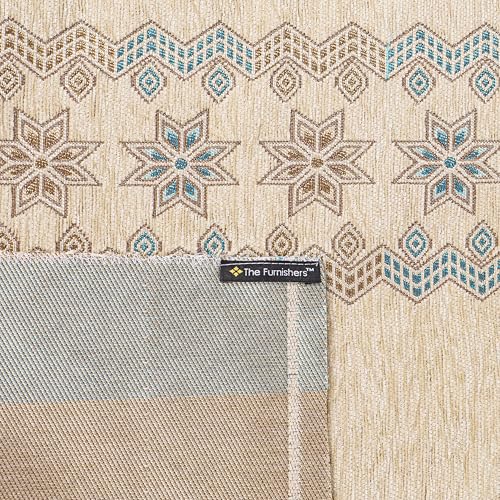 Image of Elegant Woven Beige Sofa Cover - Soft Chenille Traditional Pattern with Lace Style | L-Shape Sectional Seat Protector for Living Room | Durable & Stylish Slipcover 5 Seater Sofa Cover