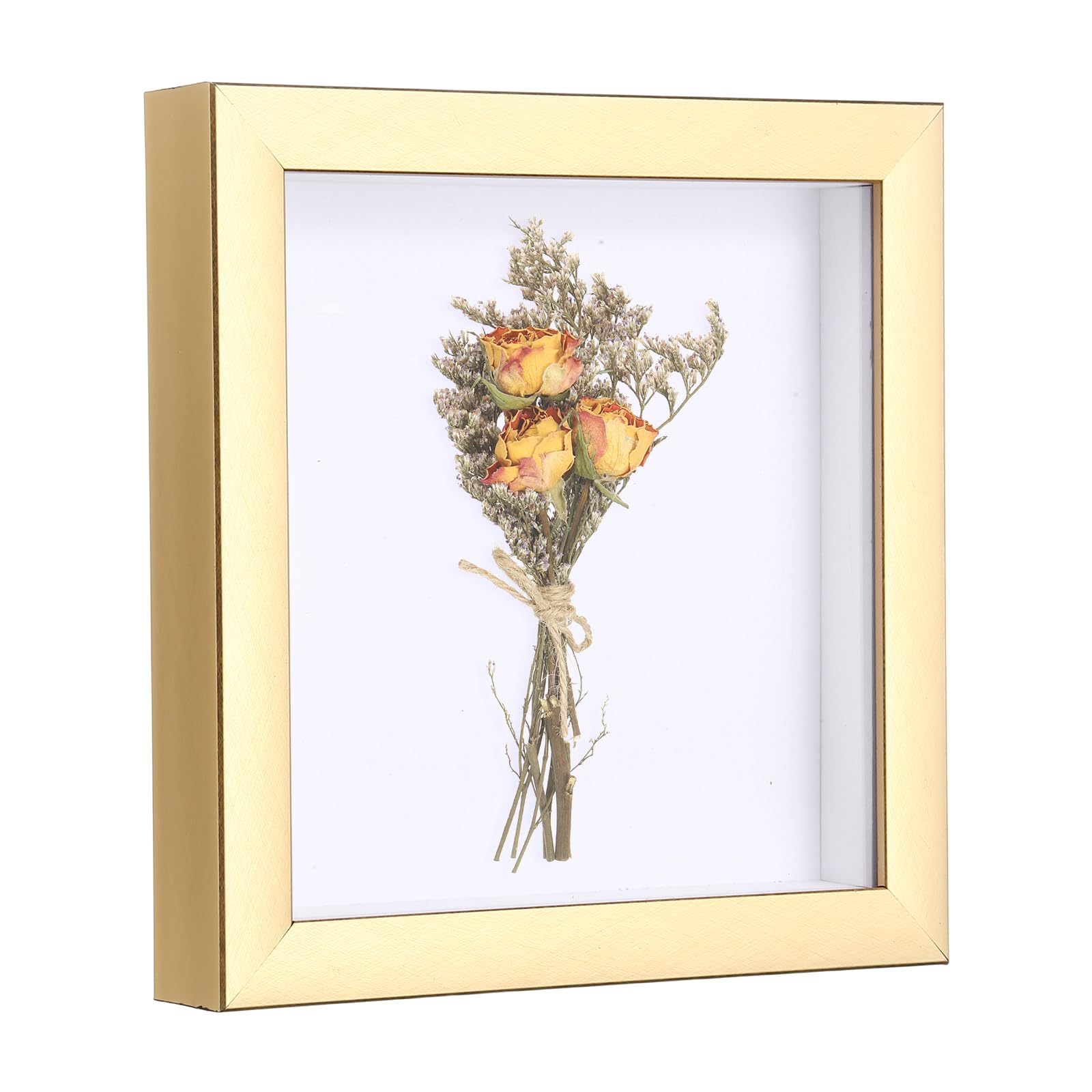 sourcing map 18x18 cm Shadow Box Display Frame, 2cm Deep Photo Shadow Box Plastic Display Case Wall Mount & Tabletop Display for DIY Photos Flowers Memorabilia Wedding Birthday, Gold