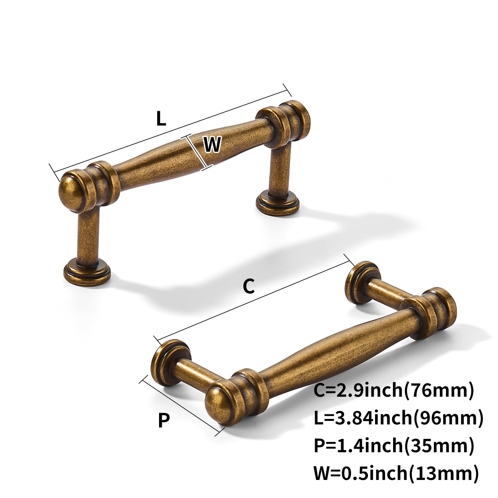KHTUMEWARE-80375 Antique Brass Cabinet Pulls CTC 3 in (76 mm) 10-Pack in Antique Brass — KHTUMEWARE