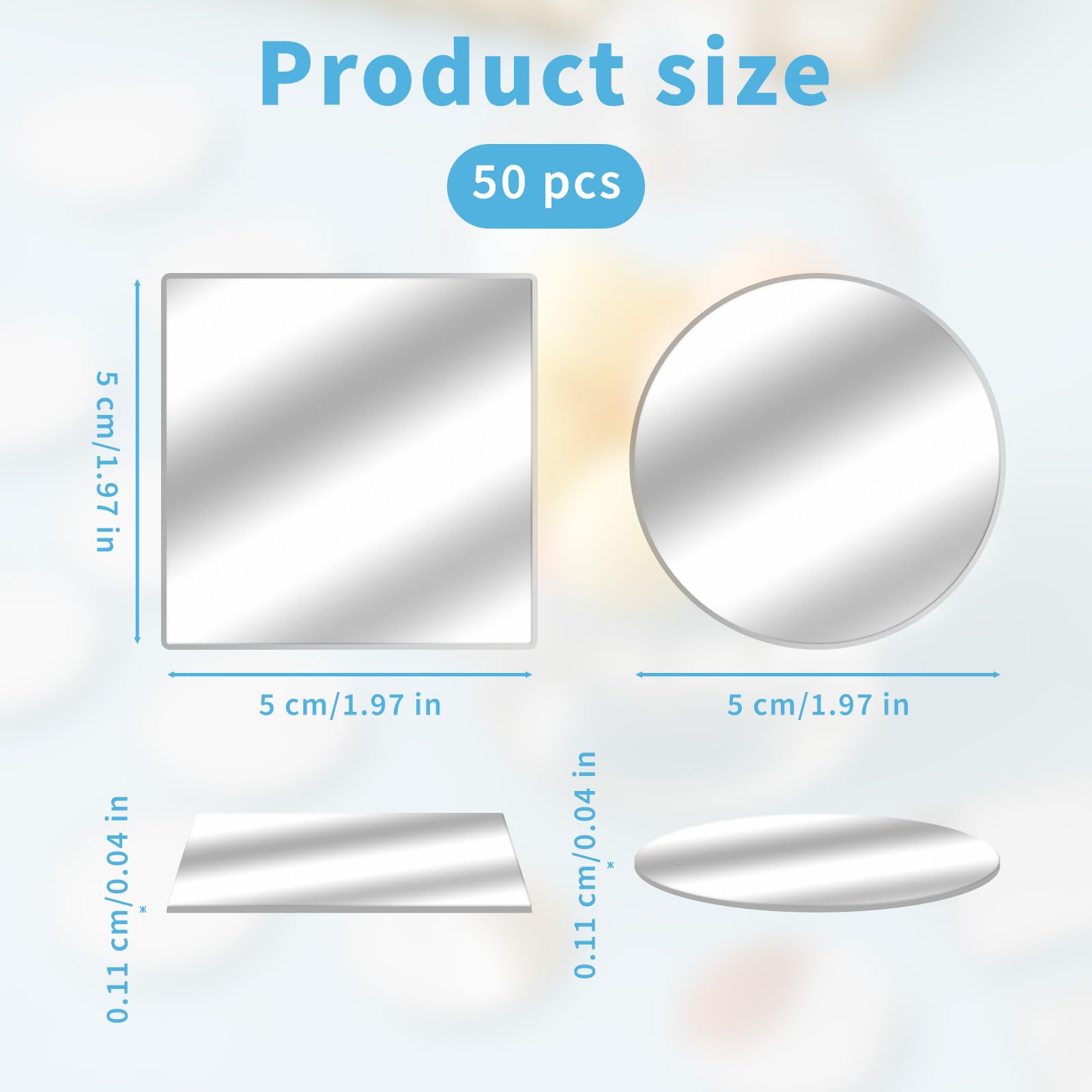 50 Pcs 2 Inch Small Mirrors for Crafts, Round & Square Acrylic Small Decorative Mirror Sticker With Self Adhesive On Back, Mini Wall Mirror for Wall, Mosaics, DIY Craft, Jewelry Making, Home Decor