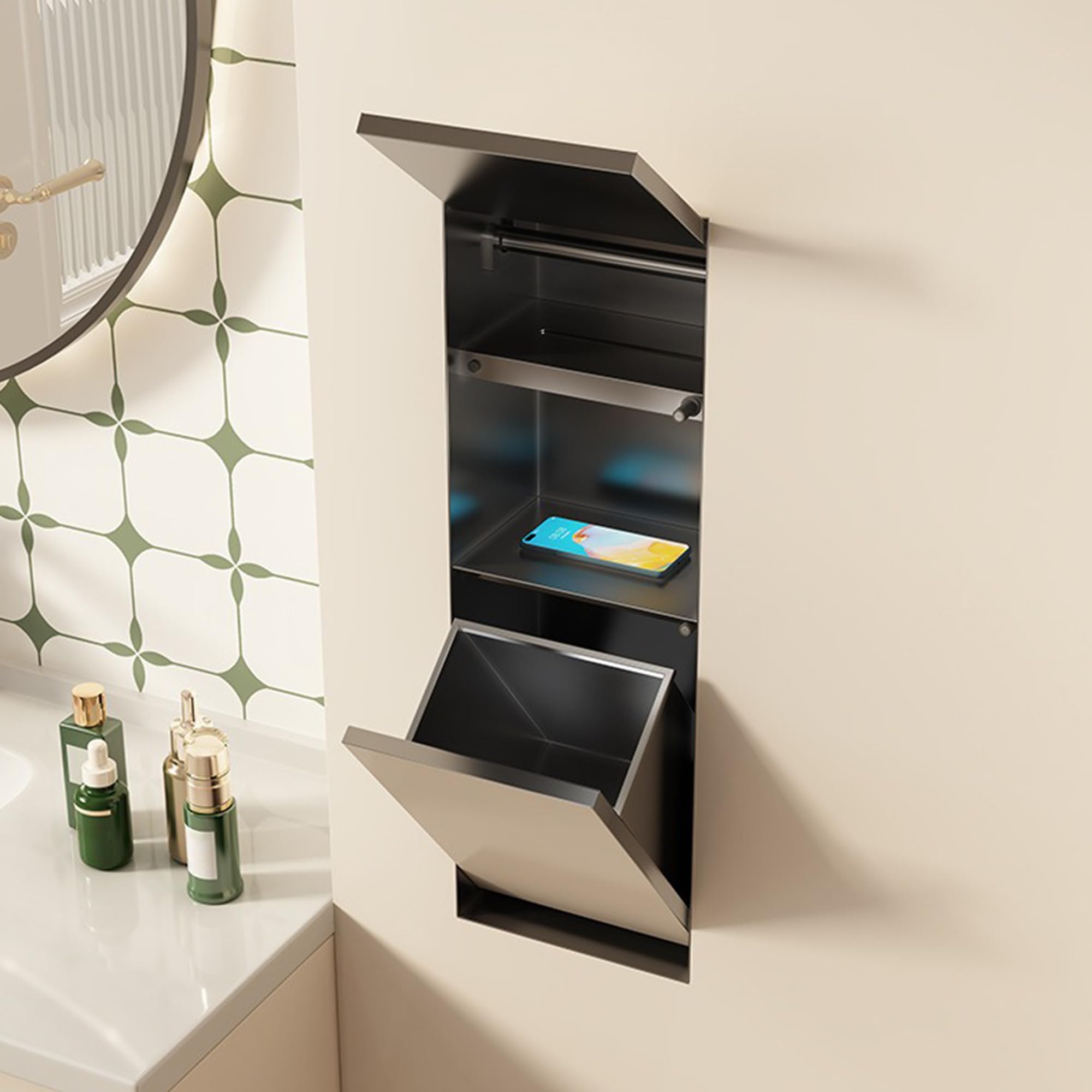 MESCXTY Hidden Trash Can Cabinet Toilet Paper Holder with Storage, 304 Stainless Steel Shower Niche, Recessed Wall Alcove, Storage for Hotel Bathroom,A