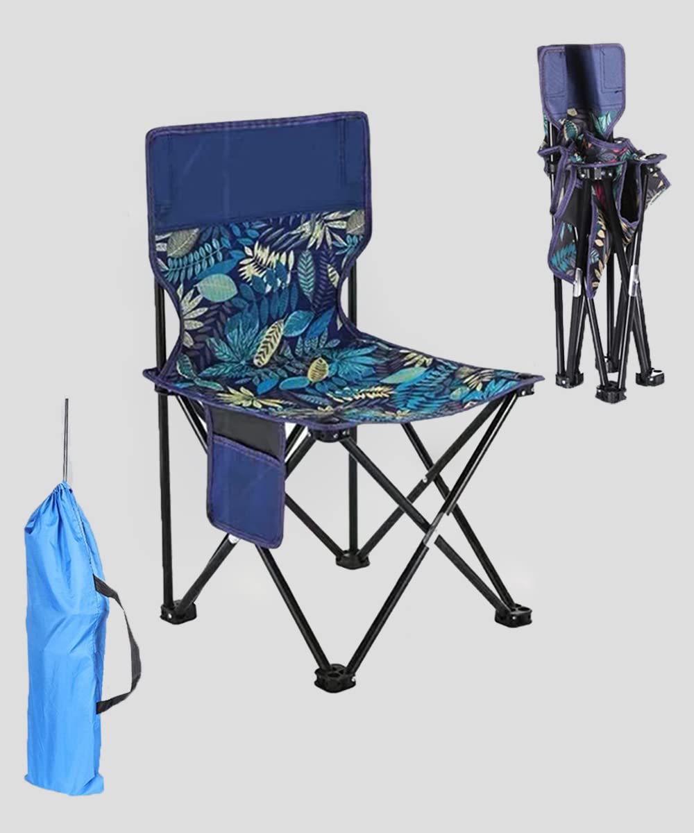 Inder Portable Foldable Camping Fishing Chair - Lightweight Printed Folding Back Rest Stool Beach Chair for Outdoor Activities,Camping,Hiking,Picnic with Side Pockets&Carry Bag(Leaves Blue, Backrest)