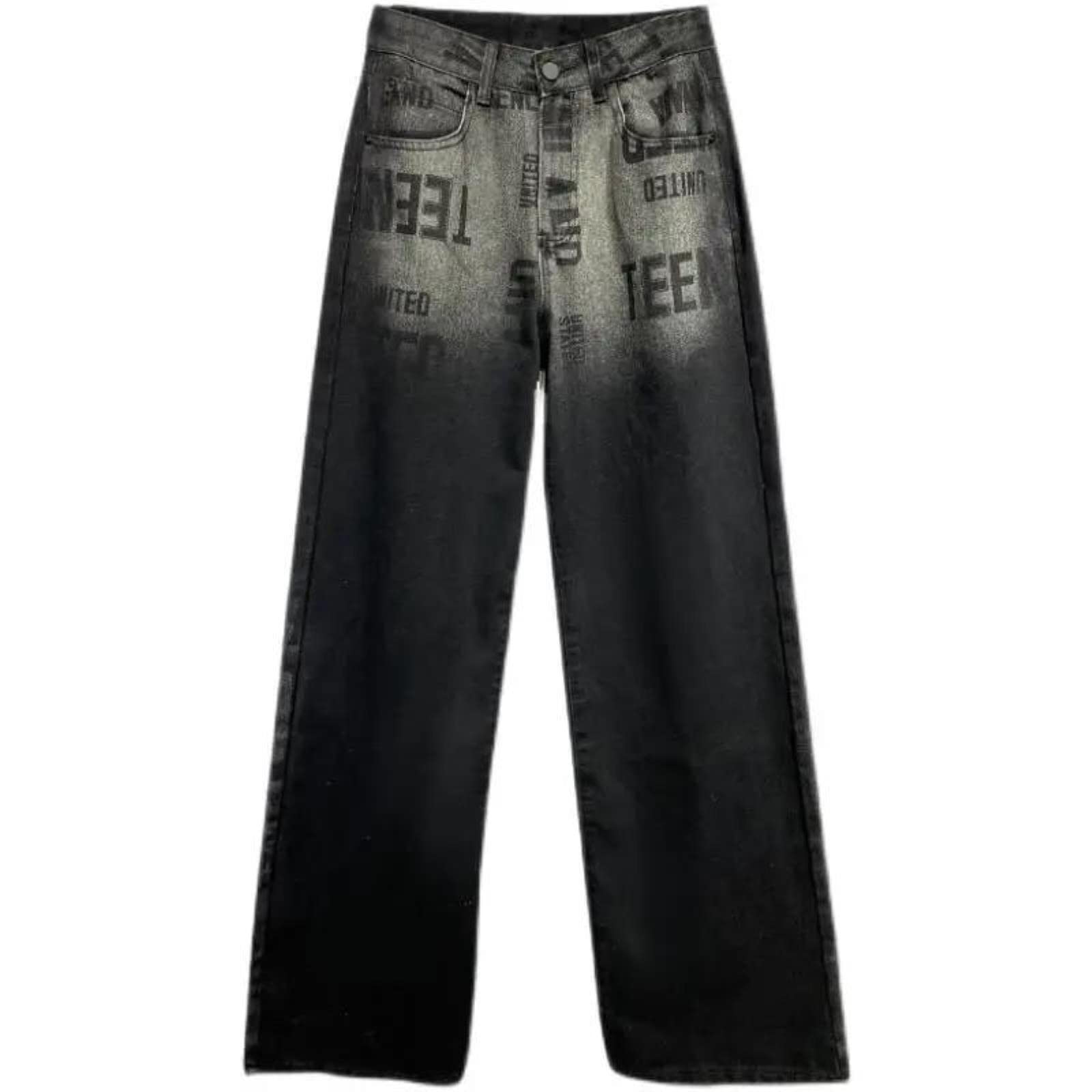 Jeans Baggy Donna/uomo, Vita Alta E Stampa, In Denim Largo Nero - Stile Goth Streetwear