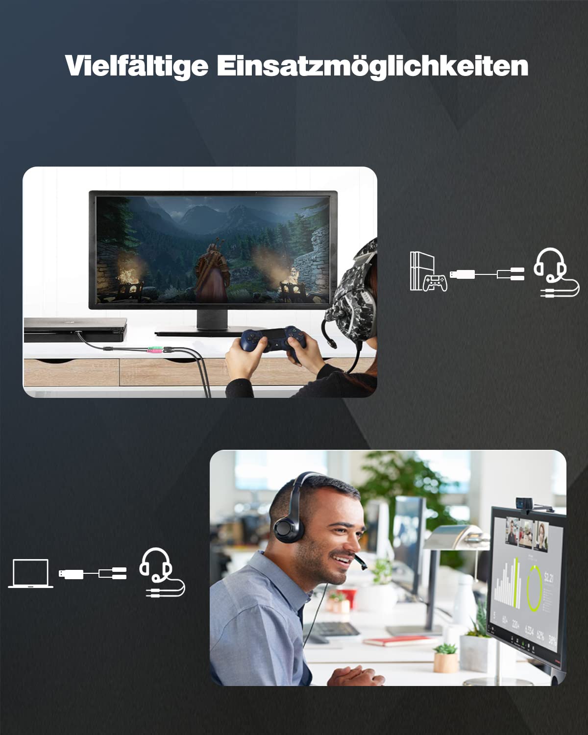 MillSO Zewnętrzna Karta Dźwiękowa USB A na Jack 3.5 mm AUX Adapter Stereo Audio z 2 x Gniazdo Jack 3.5 mm do Komputera, Zestawu Słuchawkowego, Mikrofonu, Laptopa, PC, PS5