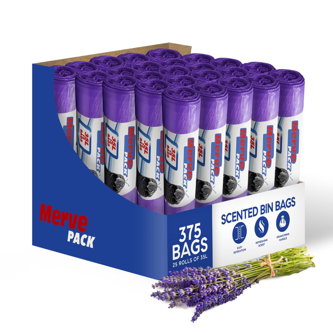 35L Bin Bags Lavender (375 Counts) Scented Bin Liners with Drawstrings for Home Kitchen Bathroom Bin Bags Makes your Bin Smelling Fresh Pedal Bin Liners | Merve Pack