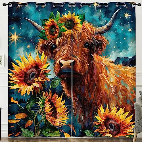 HOSIMA 3D Printing Oil Painting Art Highland Cow and Sunflower Curtains for Living Room 2 Panels Set 63 Inch Long,Farm Star Night Landscape Fancy Curtains for Bedroom Kitchen Decor.