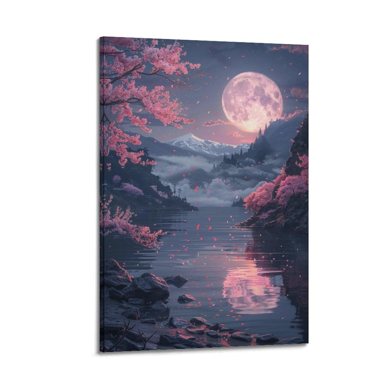 HUERYRYHY Moonlit Sakura Lake Poster Aesthetic Wall Art Painting Decor Vintage Canvas for Living Room Bed Room 24x36inch(60x90cm) Frame-style