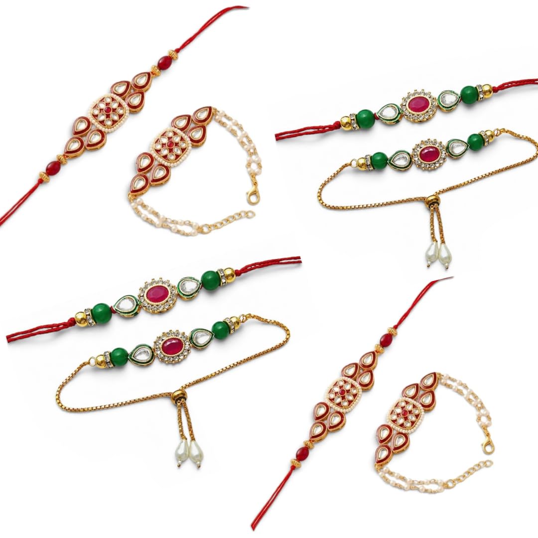 Sweksha Creations Designer Kundan Meenakari Rakhi Bracelet Combo (4 Pair)-image-11