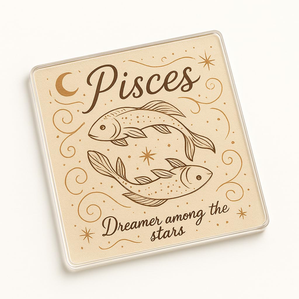 The Plum Penguin Celestial Pisces Celestial Acrylic Coaster Gift - Unique Bohemian Astrology Design With Zodiac Symbols And Metallic Accents For Home Decor