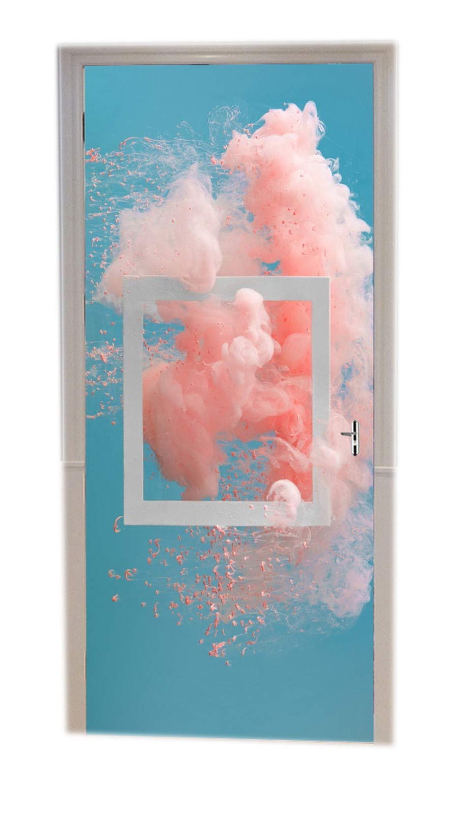 A.Monamour Pegatinas Decorativas de Puerta Autoadhesivo 3D Pastel Coral Rosa Color Pintar Fondo Azul Arte Moderno Vinilo para Puertas Mural PVC Pegatinas de Pared Foto Poster 90 x 200 cm