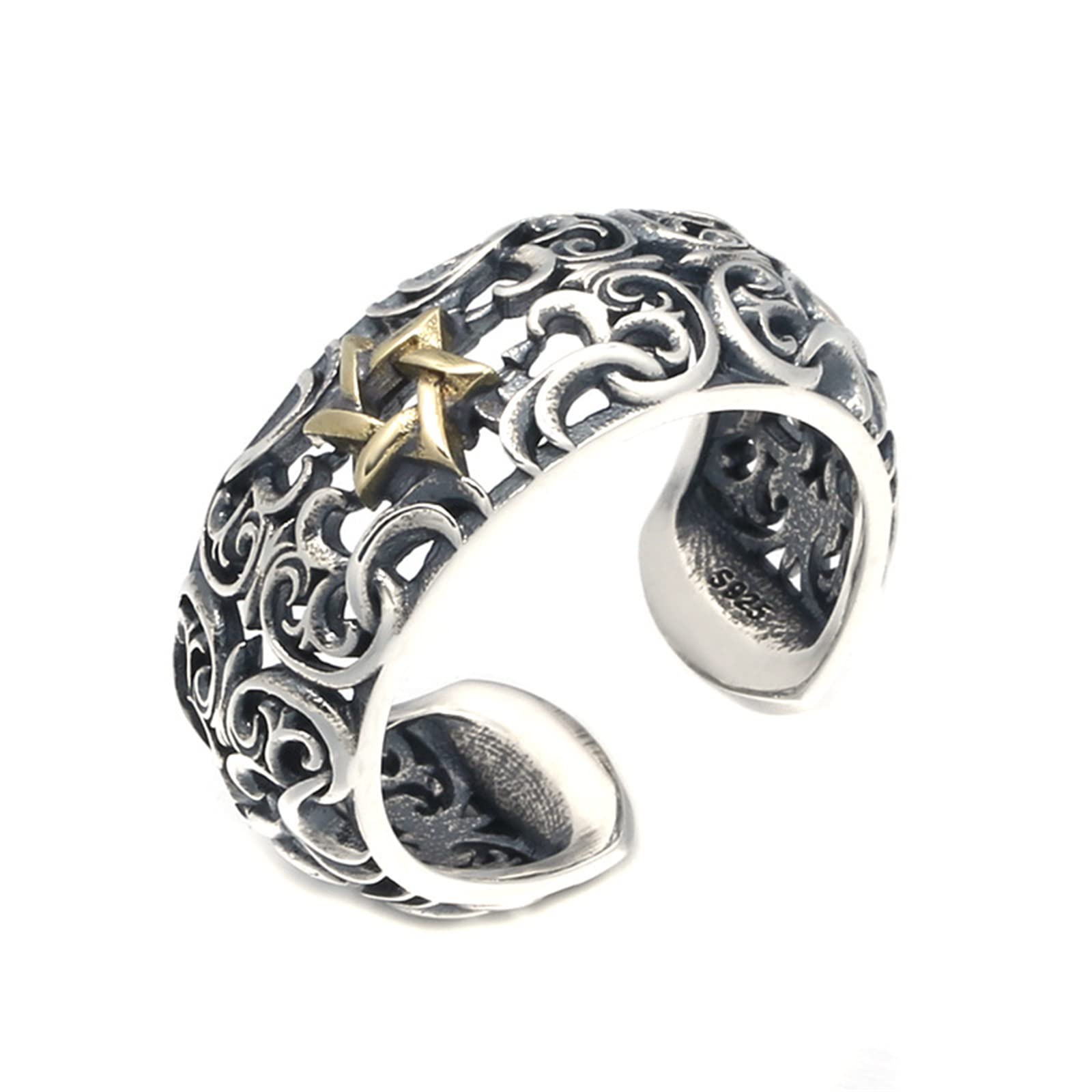 RobertDTesta Men's S925 Sterling Silver Six Mans Star Ring, Vintage Fashion Open Star of David Ring,Silver,9