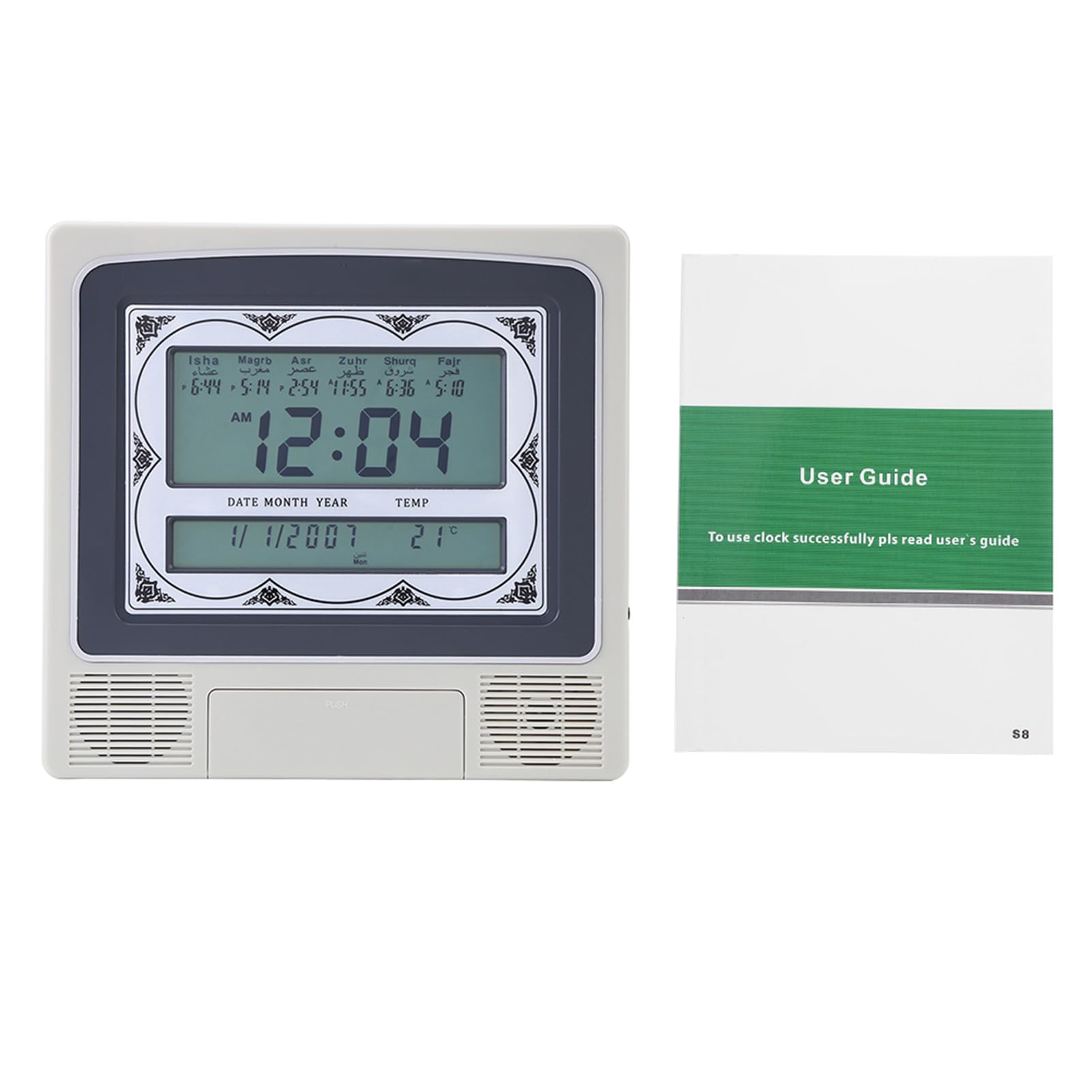 Islamische Uhr, Gebetsuhr, Muslimische Uhren, Muslimische Islamische Gebetsuhr, Betende Azan-Athan-Wecker-Wanduhr, Islamische Uhr, Gebetsuhr, Betende Wecker-Wanduhr mit Stift