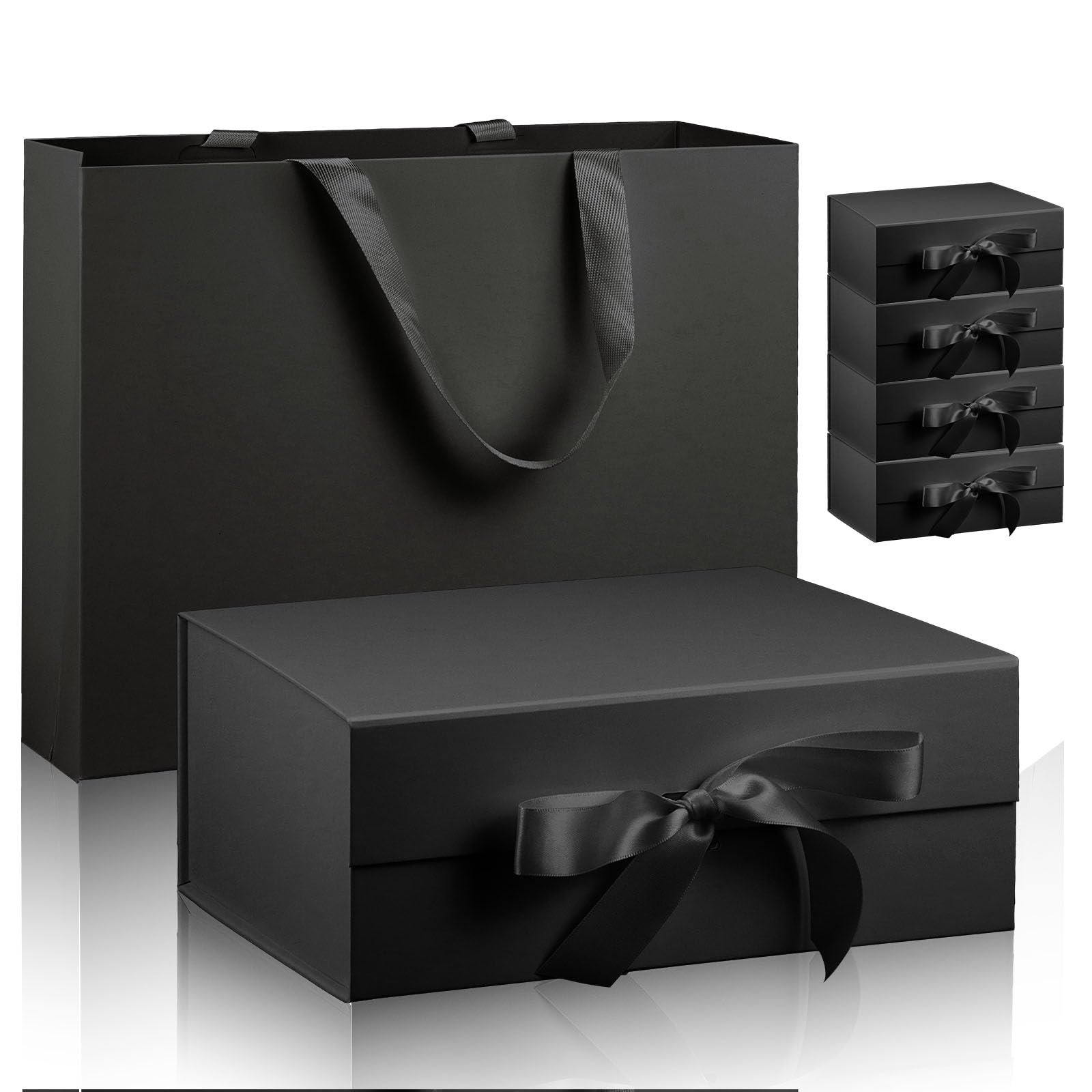 5 Pack Large Gift Boxes with Lids, 29x22x10.5 cm Foldable Magnetic Gift Box with Ribbon, Party Present Boxes for Bridesmaid Proposal Weddings Birthdays (Black)