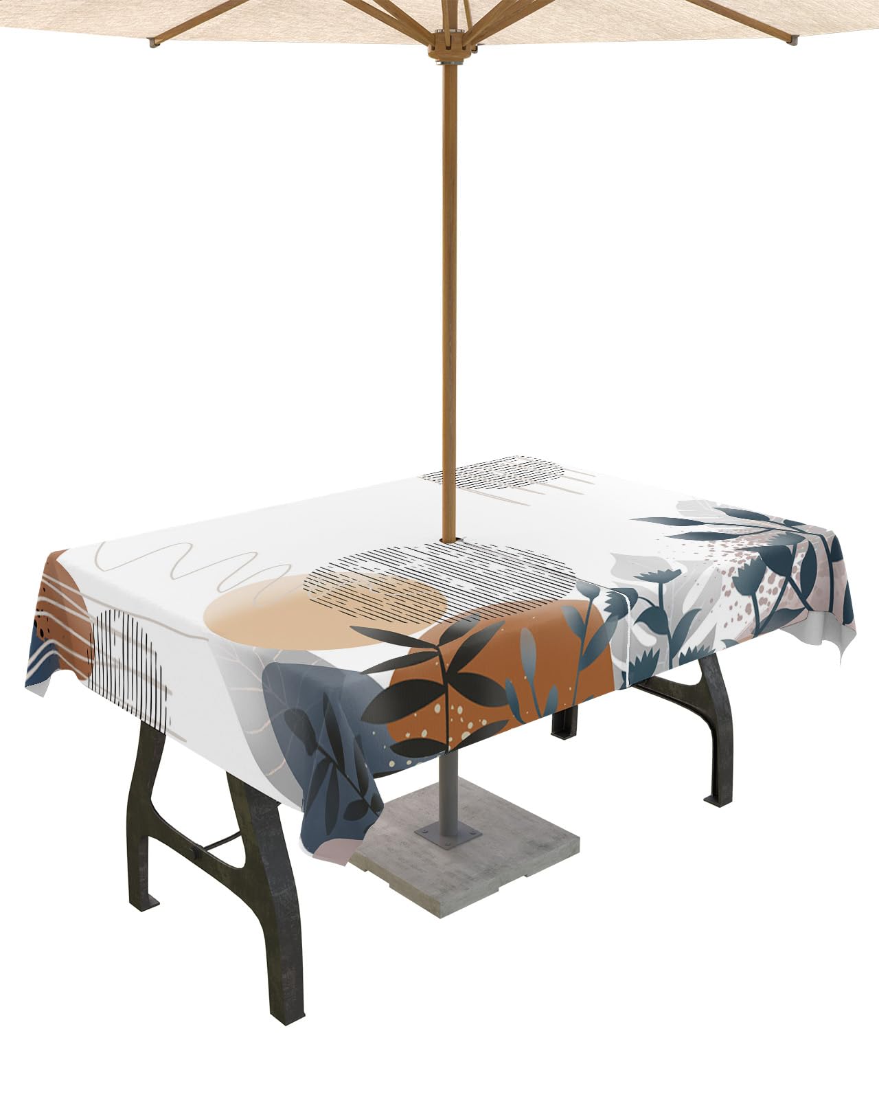 Geometric Eucalyptus Outdoor Tablecloths with Umbrella Hole and Zipper, Waterproof/Stain Resistant Rectangle Table Cloth 60x120 Patio Table Cover for Picnic Bohemian Leaves Modern Minimalist White