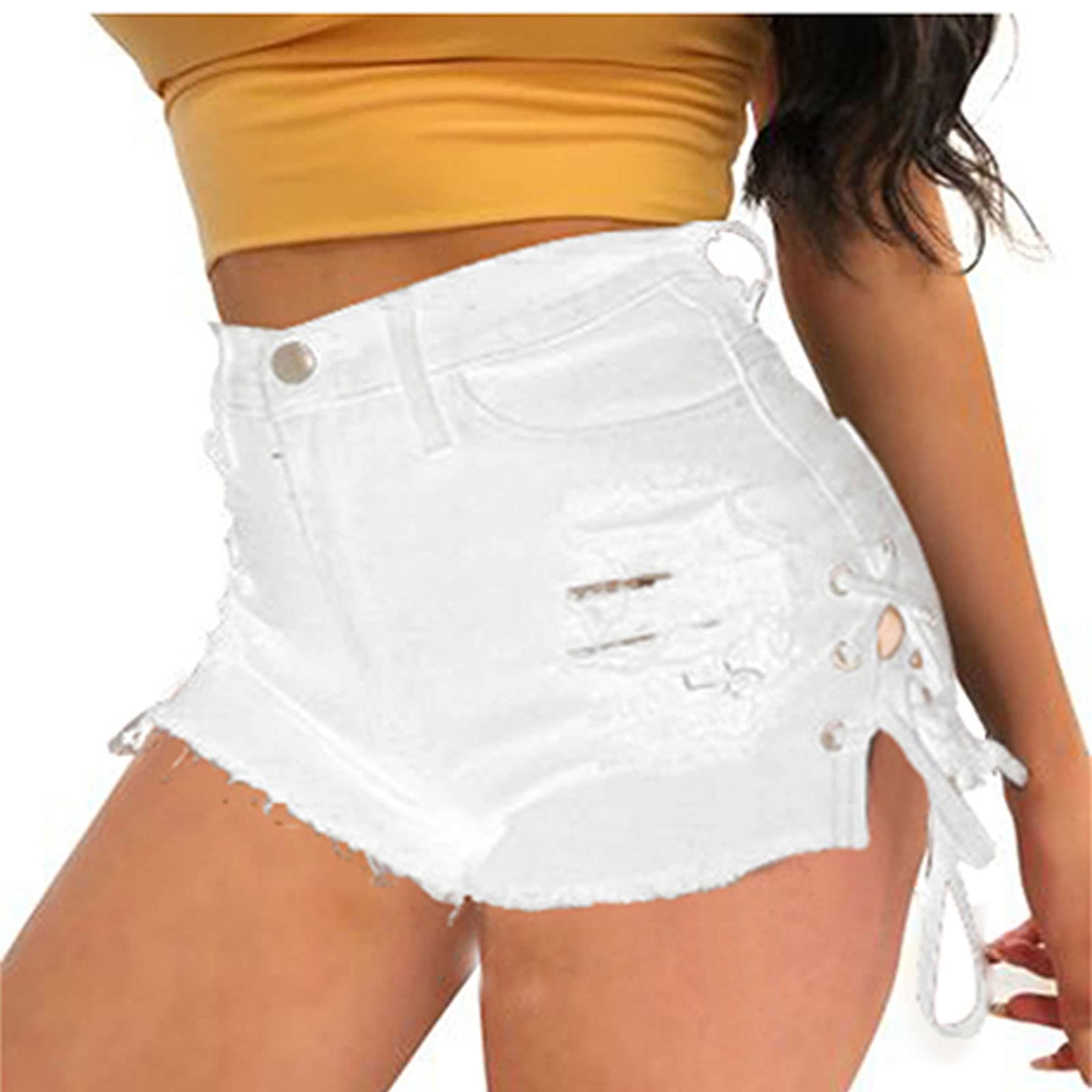JEKE-DG Women's High Waist Perfect Butt-Lifting Denim Short Drawstring Slit Denim Short Destroyed Hole Fringed Shorts (X-Large,White)