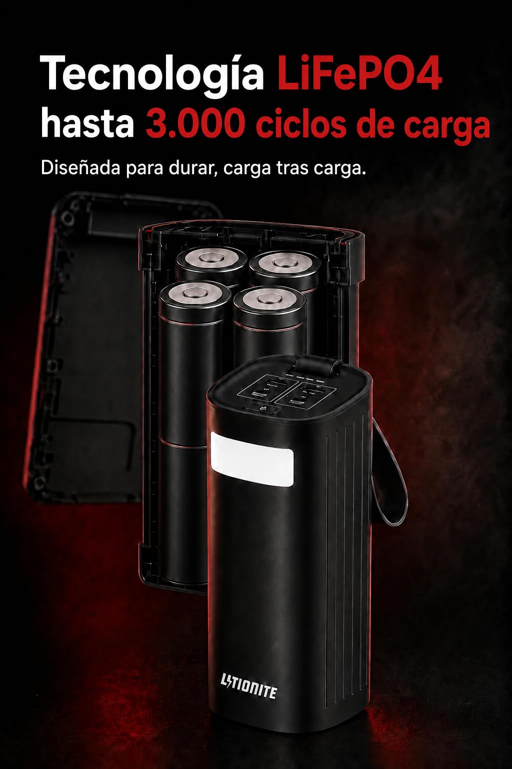 LITIONITE Titan Batería Externa 60000mAh 200W para Ordenador Portátil y MacBook, 2 Puertos USB-C 100W PD3.0, Power Bank LiFePO4 3000 Ciclos, para Tablet, Nintendo Switch y Drone