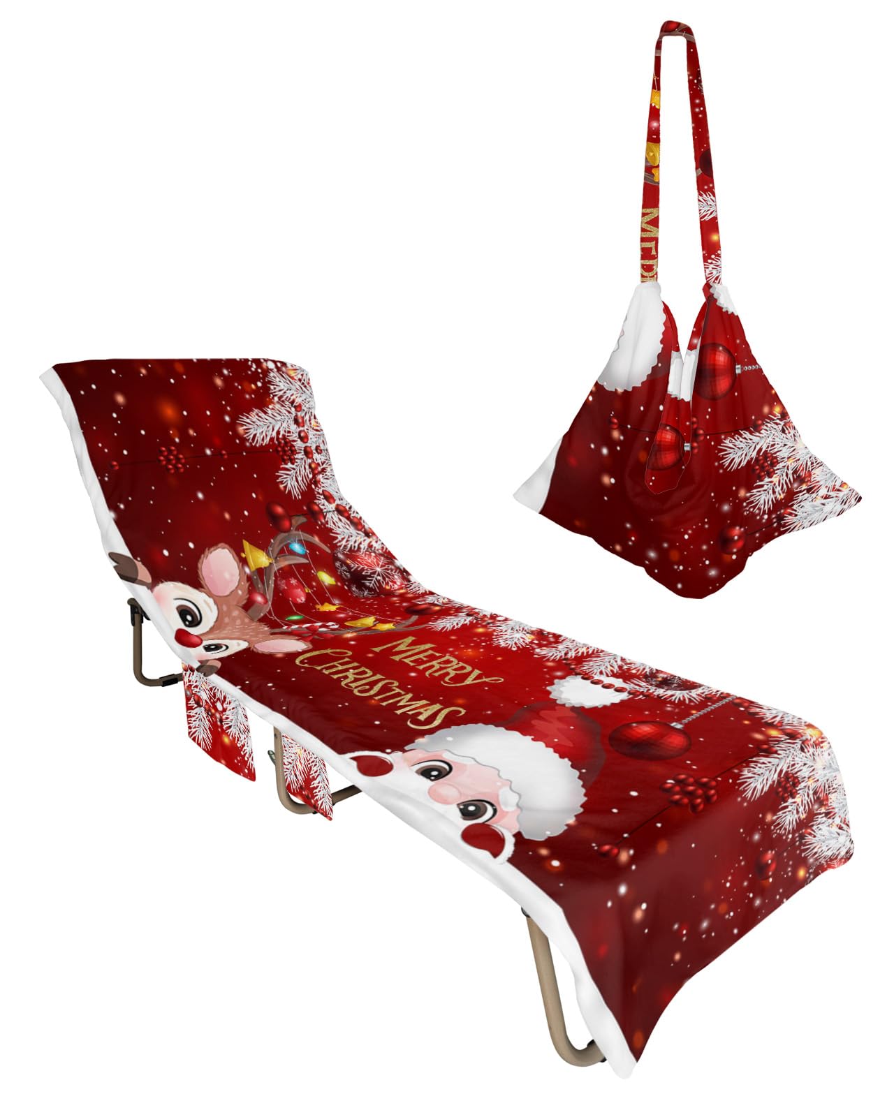 Santa Claus Red Beach Chair Towel Covers for Chaise Lounge with Side Pocket, Soft Plush Pool Towels Cover for Patio Sunbathing Outdoor 29''x85'' Christmas Cute Deer Pine Tree Ball