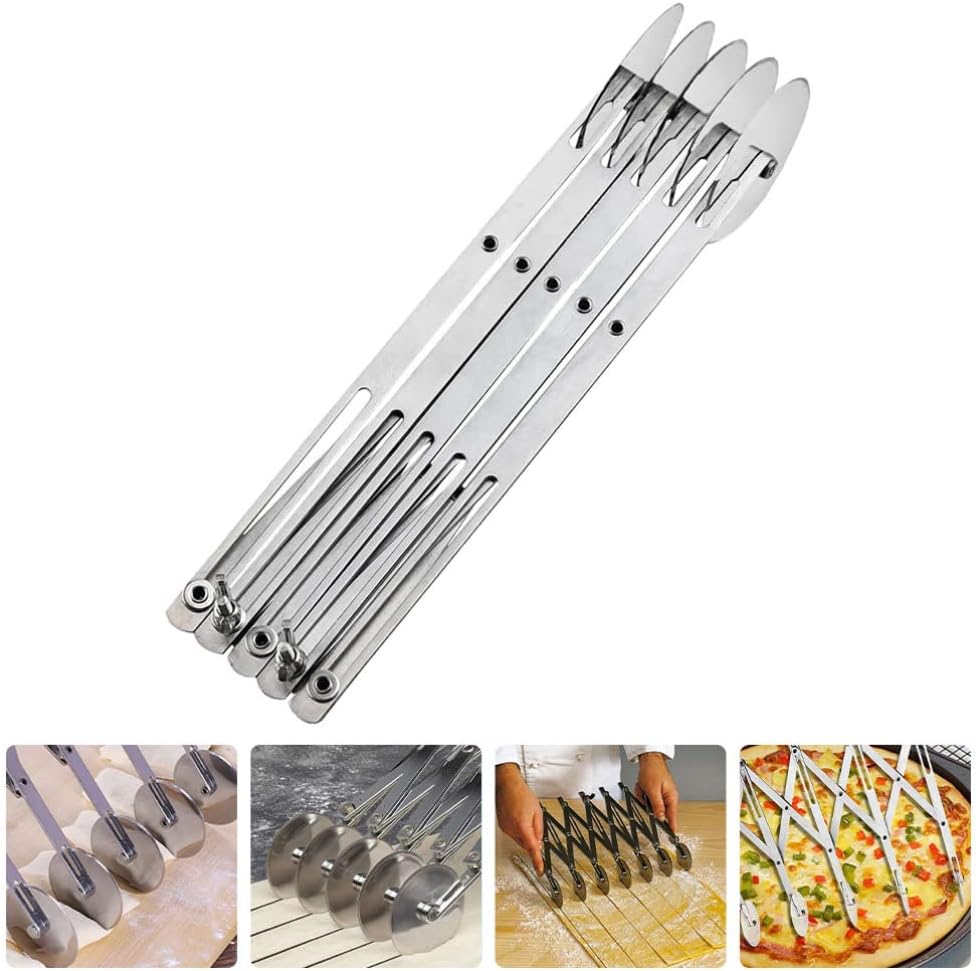 Adjustable Width Pastry Cutter 5-wheel Pizza Slicer Rolling Dough Roller Cookie Pasta Divider Lattice Cracker Slicer Stainless Steel Easy to Use