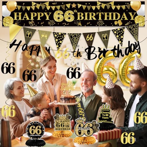 Image of 66th Birthday Decorations for Men, Black Gold 66th Party Decoration Kits | 27pcs Happy 66th Birthday Set, Banner, Honeycomb, Balloons, Gold Number, Candle, Hanging Swirls, Cake Topper, Party Supplies
