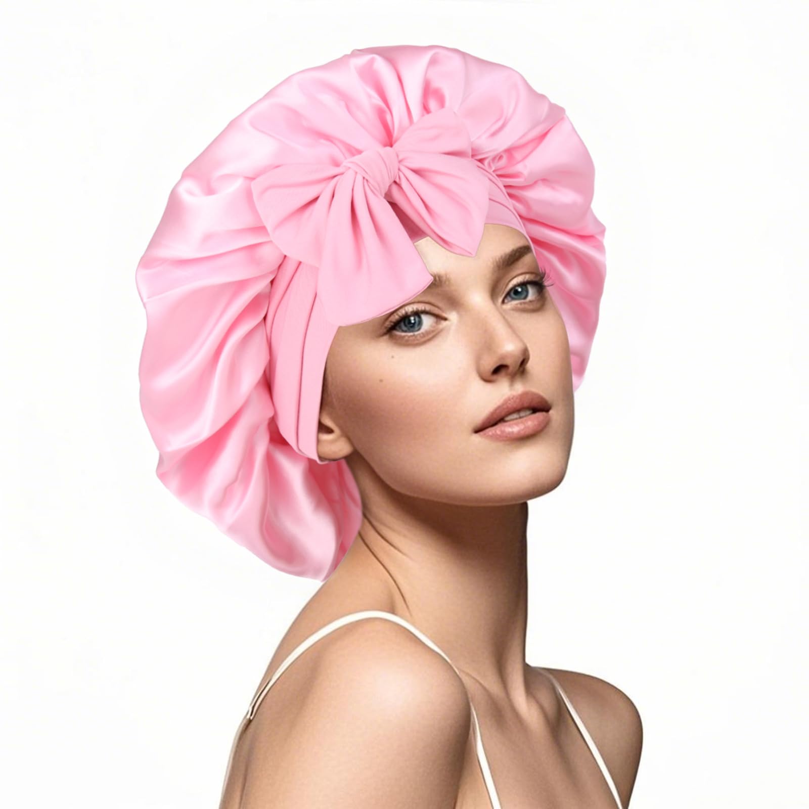 Silk Bonnet for Sleeping Women Double Layer Satin Hair Bonnet Sleep Caps with Elastic Tie Band Adjustable Bonnets for Women（Pink）