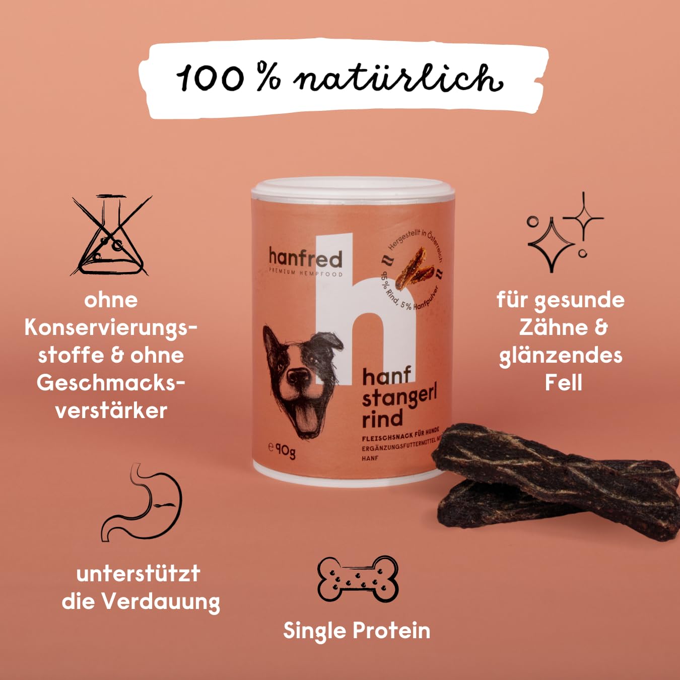 Hanf Stangerl, Hundesnack, Belohnung mit Mehrwert, Unterstützung des Bewegungsapparates & Darmflora, Trainingsleckerli, 3 x 90g (Rindfleisch)