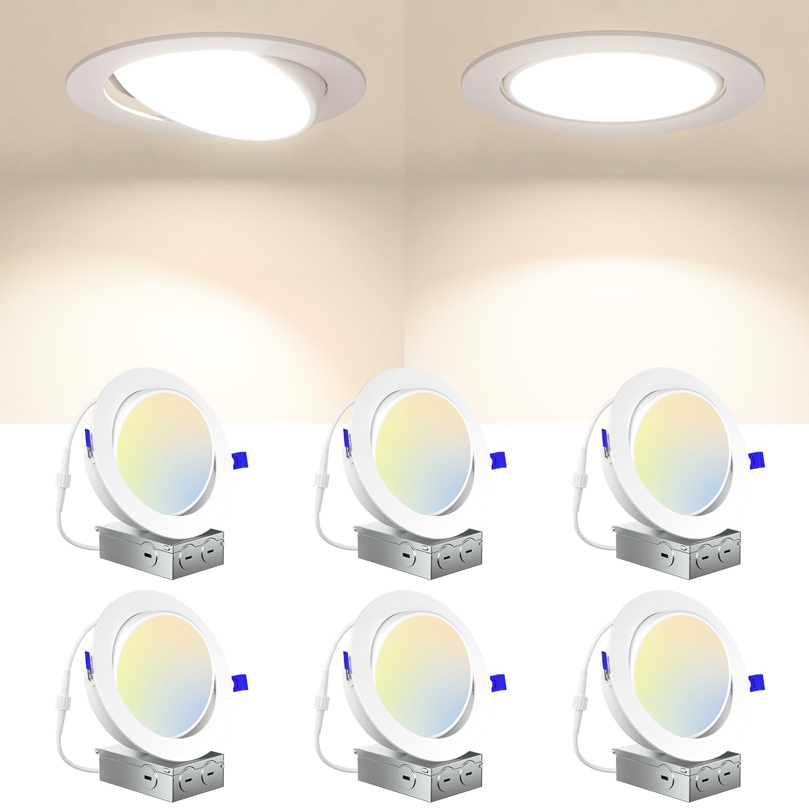 Amico 6 Pack 6 Inch 5CCT Gimbal LED Recessed Lighting, Directional Adjustable Ceiling Downlight, Angled Dimmable Canless Light with Jbox, 2700K-5000K Selectable, 15W=100W 1100LM, ETL&FCC